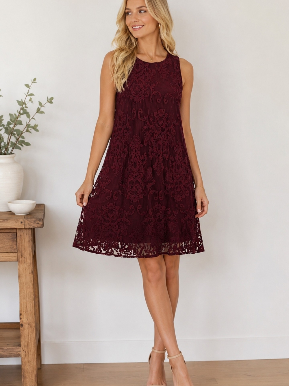 BB Dakota Sleeveless Lace Midi Dress in Burgundy